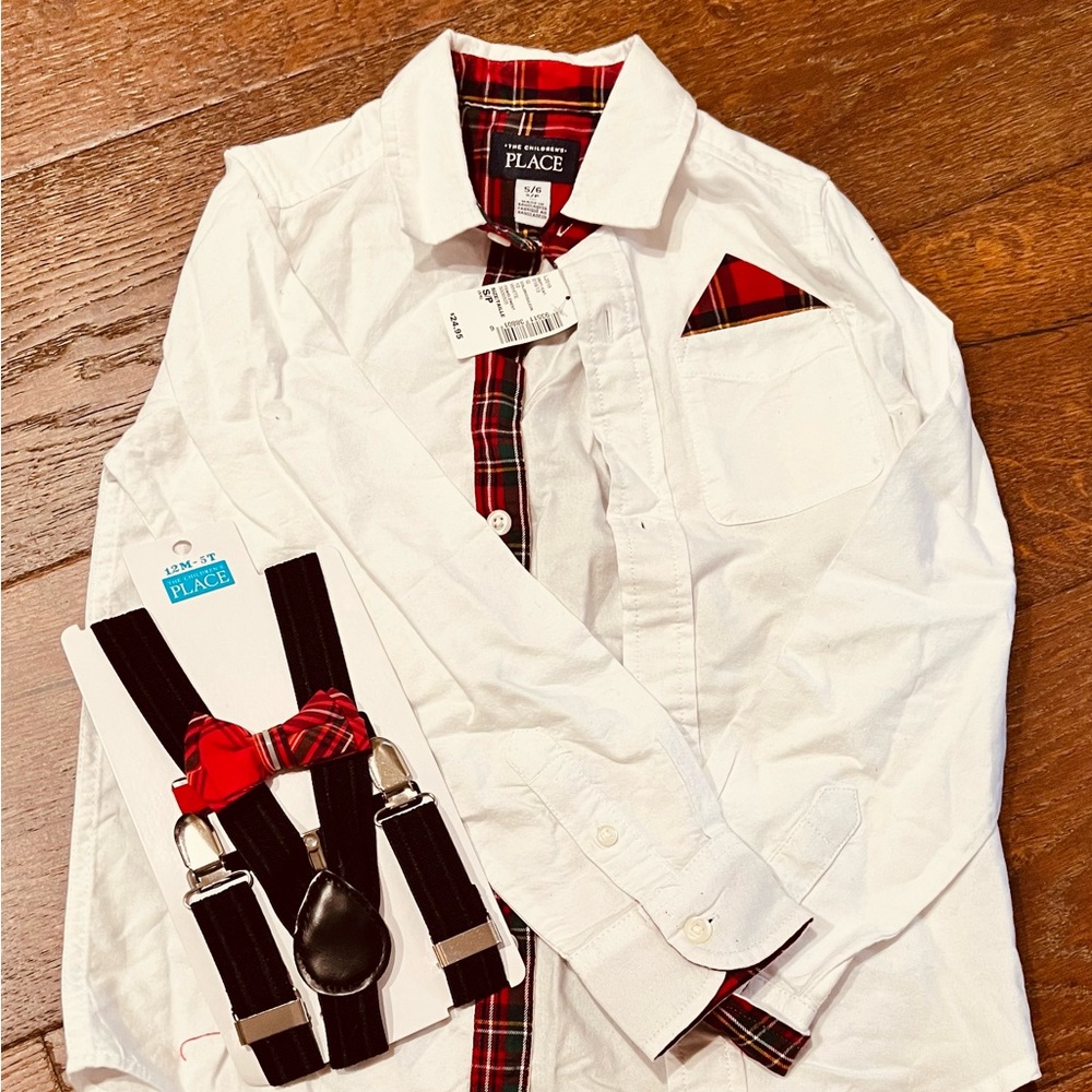 Holiday Button-Down Collar Shirt w/ Suspenders and Bow tie